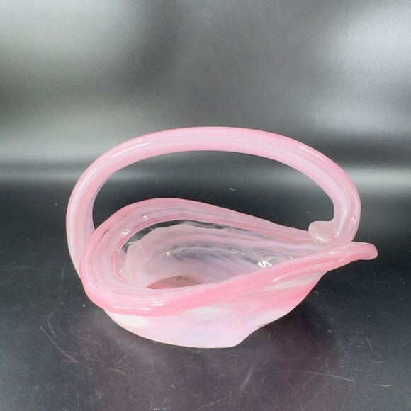 Vintage Sooner Glass Hand Made Pink Swirls Dish Bowl With Handle Basket Handmade - Picture 12 of 14